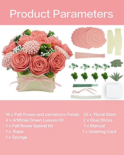 Image of BAZIMA DIY Felt Flower Art Craft Kit,DIY Pink Rose and Carnation Bouquet Kit, Floral Gifts,Beginner Craft Kit,Arrange Pre-Cut Felt Flowers and Foliage