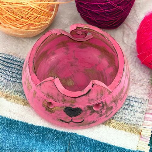 Image of Wooden Yarn Bowl for Crocheting Handmade Wool Storage Yarn Bowl with Holes Knitting Gifts for Women Crochet Accessories (5 inch x 3.5 inch - Pink)