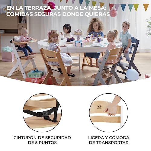 kk Kinderkraft ENOCK Trona bebé de Madera, Infantil, Portatil, para niños, Evolutiva silla alta, Ergonómica, Con accesorios, Barrera y Bandeja, Madera natural