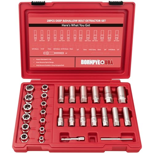 Image of 28Pcs Deep Bolt Extractor Set, with 3 /8 inch Drive, Ez Out Broken Bolt Remover Kit, Spark Plug Extractor Socket Set, Easy Out Stripped Lug Nut Removal Tool for Removing Rounded, Rusted Bolts, Nuts & Screw