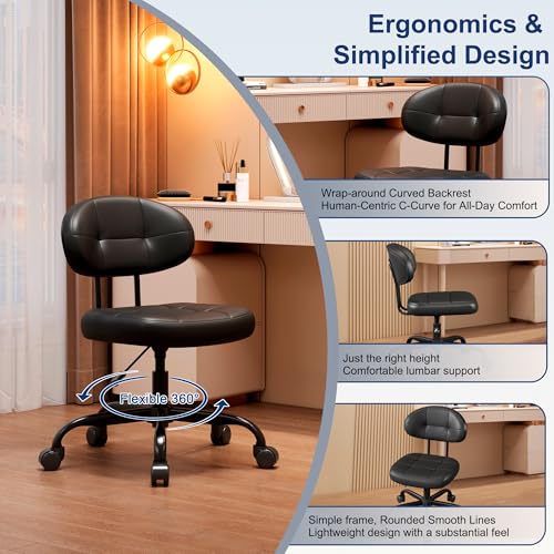 Image of Misolant Vanity Chair with back, Small Armless Cute office Chair with wheels and Lumbar support, Comfy PU Leather Desk Computer Chairs with Adjustable Height, 360Swivel for Home Bedroom Office, Black