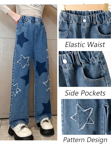 SEAUR Kids Girls Denim Jeans Elastic High Waist Blue Cargo Pants with Pockets Straight Wide Leg Trousers3