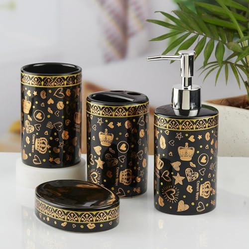 Image of SaSaSa Ceramic Bathroom Accessories Set of 4 Modern Bath Set with Soap Dispenser & Toothbrush Holder, Luxury Home & Gift Idea, Black /Gold (10462)