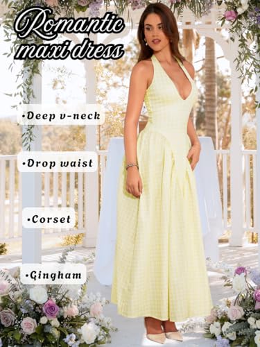 Image of ChiaoLezhee Deep V Neck Dress, Halter Maxi Dresses, Vacation Date Night, Sexy for Women Corset Flowy Wedding Guest Drop Waist