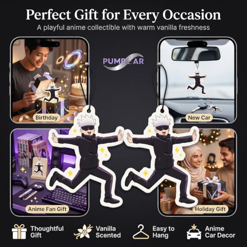 Image of PumpCar 2 pieces Cute Gojo Satoru double-sided hanging Japanese anime vanilla-scented car air freshener Cool anime hanging for rearview mirror Car Interior Accessories Gift (Gojo-Cute, Hanging Card)