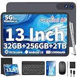 2026 13 Inch Android 16 Tablet with Keyboard, 32GB+256GB+2TB Expand, Tablets PC with Gemini AI, Octa-Core, 10000mAh, 120Hz 1920x1200 Display, GPS, 2 in 1 Large Tablets with Case, Mouse, Stylus(Black)