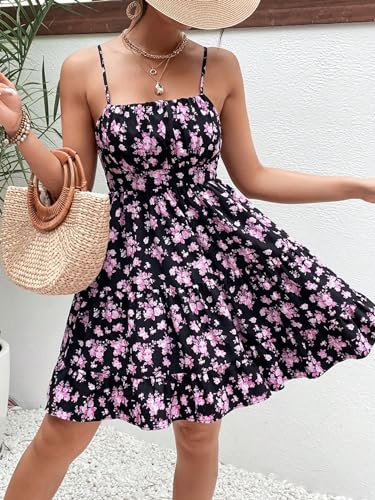 Image of Verdusa Women's Floral Print Dress Cute Summer Mini Dresses Ruched Sleeveless Ruffle Hem A Line Cami Sundress