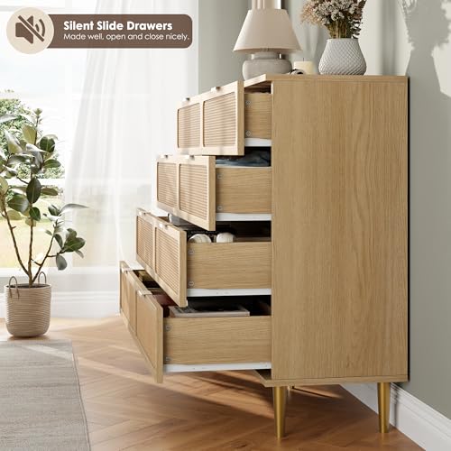 Rattan 8 Drawer Dressers for Bedroom, Tall Dresser with Deep Drawers, Large Chest of Drawers for Closet with Wide Top, Long Wooden Dresser for Living Room, Hallway, Kids Room, Natural