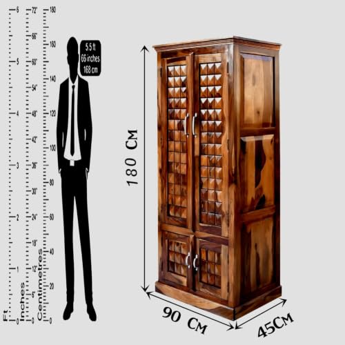 Image of Solid Wood Diamond Cut Four Door Almirah /Wardrobe /Cabinet with Storage of Four Shelves and Two Drawers (Natural Oak)
