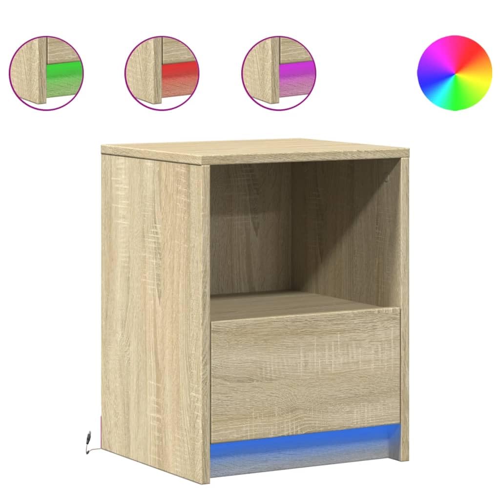 Juego de 2 mesitas de noche con iluminación LED, madera de roble Sonoma, 38 x 34 x 50 cm, mesa auxiliar versátil para dormitorio y salón