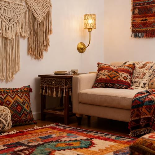 Image of Yosoan Set of 2 Rattan Boho Wrapped Wall Sconce Light, Indoor Hardwired Gold Hand-Woven Farmhouse Vintage Lamps, Brass Braided Rope Shade Wall Mount Fixture for Reading Bedroom(Antique)