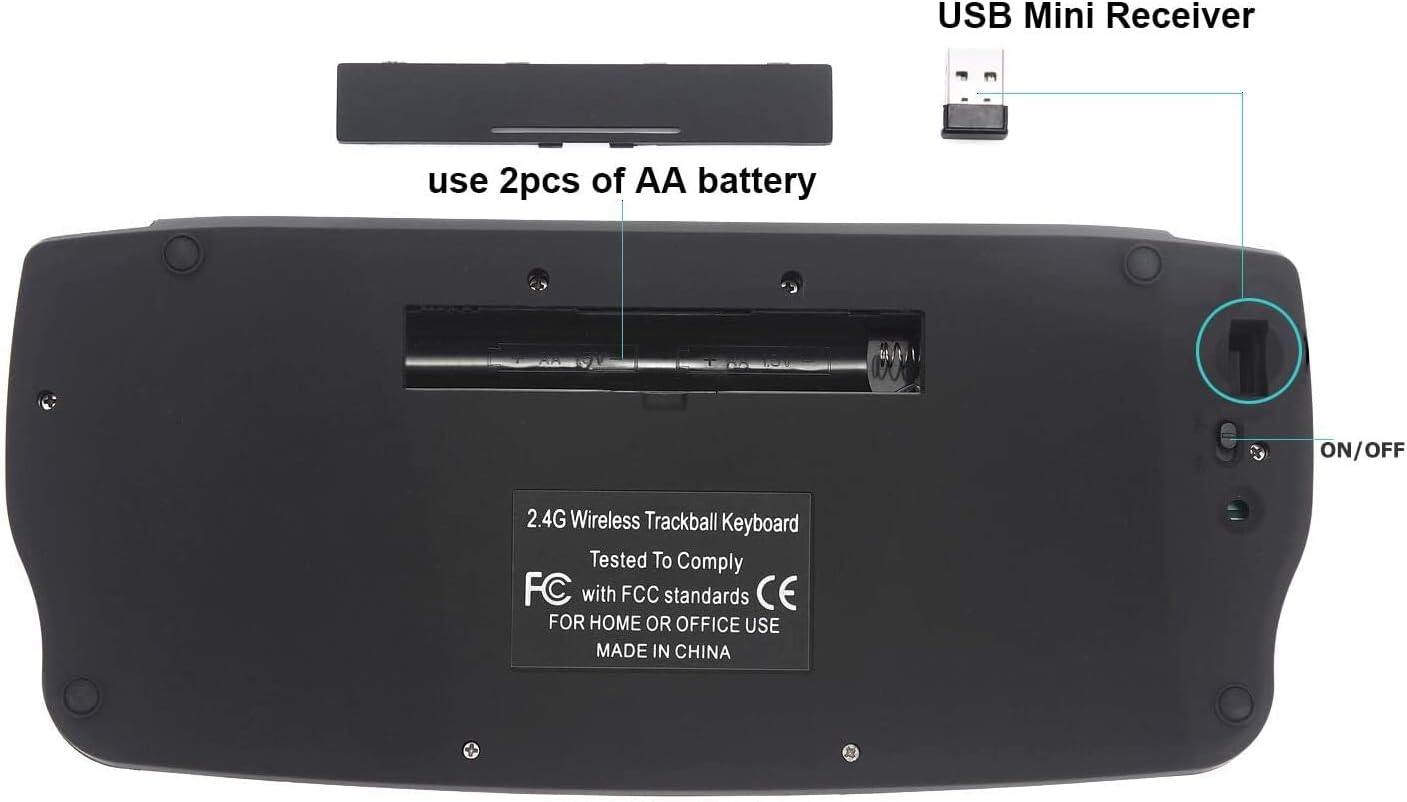 Multimedia 2.4Ghz Wireless Mini Handheld Keyboard with Trackball Mouse Scroll Wheel for Windows, Mac, Android Joystick Remote Controller with 2XAA Batteries
