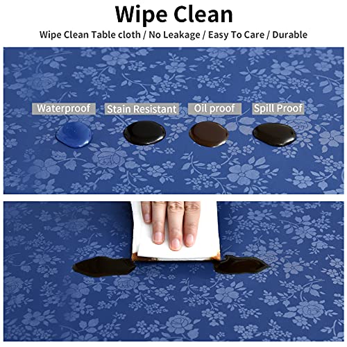 Image of Romanstile Waterproof Vinyl Tablecloth Round, 60 x 60 Inch, Rose Navy Blue