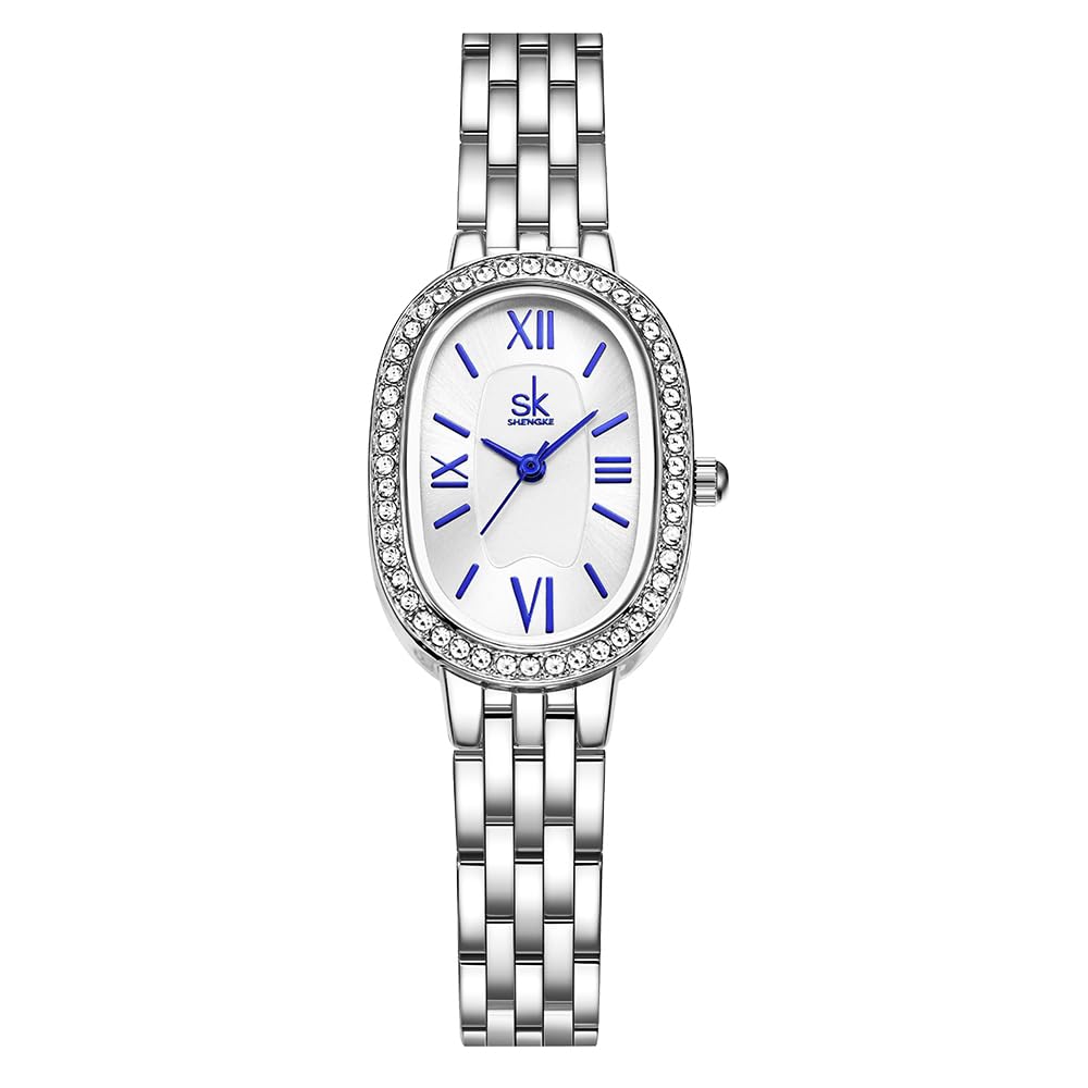 SHENGKE SK Women’s Oval-Shaped Crystal-Accented Solid Alloy Steel Bracelet Watch
