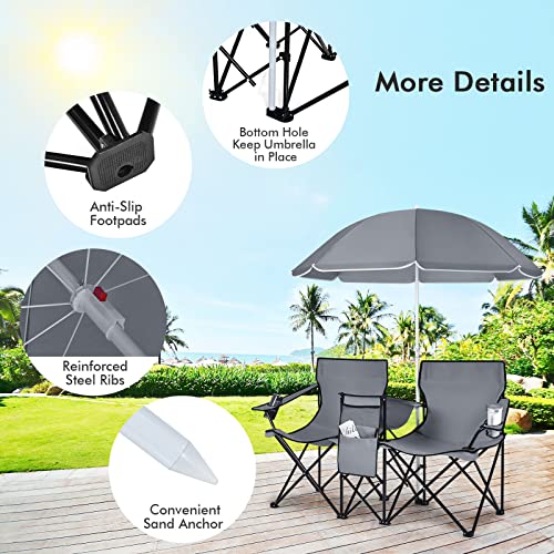 Costway, Folding W/Detachable Umbrella, Cooler Bag, Cup Holders, Patio Beach Camping Outdoors Double Portable Picnic Chair, Grey #TOP7