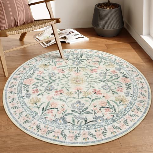 Image of Lahome Round Boho Floral Rugs 4ft, Cream Washable Circle Rugs for Bedroom Nursery, Vintage Beige Circular Carpet, Soft Non-Slip Carpet for Kids Room Playroom Calm Corner, Beige