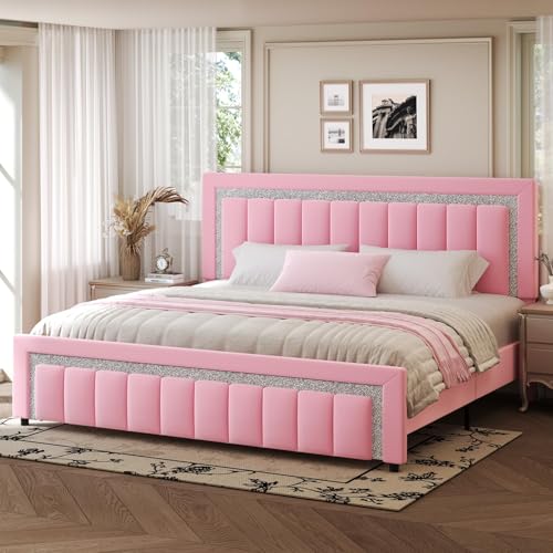 HOMBCK King Size Bed Frame, Velvet Upholstered Bed with Diamond Headboard, Modern Bed King Szie with Wooden Slats Support, No Box Spring Needed, Easy Assembly, Pink