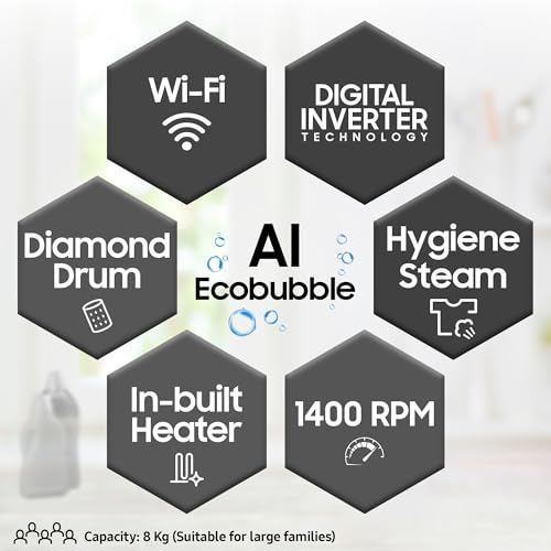 Image of Samsung 8 kg, 5 star, AI Control, AI Eco Bubble, Wi-Fi, Digital Inverter, Motor, Fully-Automatic Front Load Washing Machine (WW80T504DAX1TL, Hygiene Steam, Inox)