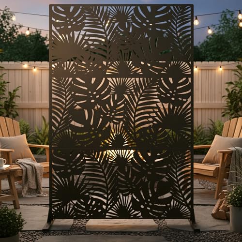 Metal Privacy Screen Outdoor – 72in Decorative Laser Cut Steel Garden Divider Panel with Tropical Leaf Design, Weatherproof Freestanding Modern Privacy Fence for Patio, Deck, Backyard & Balcony