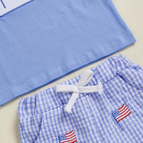Image of Kayotuas Fourth Of July Toddler Boy Outfit Baby American Flag Clothes Patriotic Shirt Striped Gingham Shorts 2Pcs Summer Sets