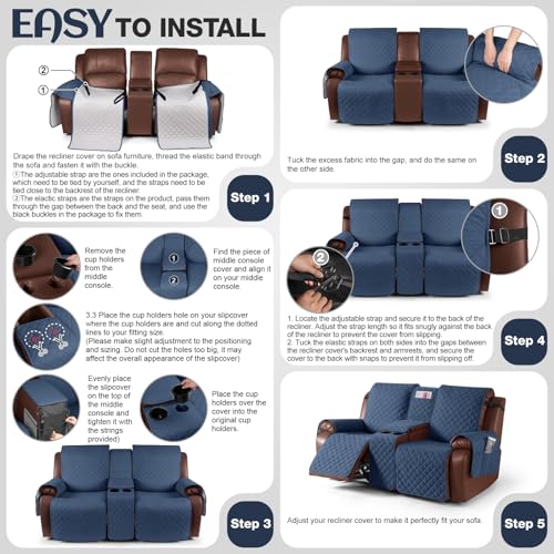 Image of KinCam 100% Waterproof Recliner Loveseat Cover with Console, Non-Slip Reclining Couch Covers for 2 Seat, Recliner Sofa Cover Furniture Protector with Elastic Straps for Kids, Pets, Blue