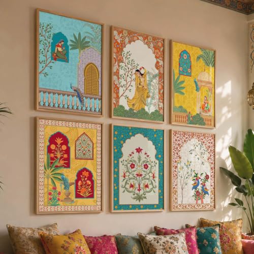Image of KOTART Aesthetic Traditional Indian Wall Art Madhubani Paintings for Living Room | Pichwai Art Painting for Wall Decoration | Framed Painting for Home Room Bedroom Office Decor | Poster With frames | Paintings For Home Decoration | Indian Decor Frames | set of 6 (E)