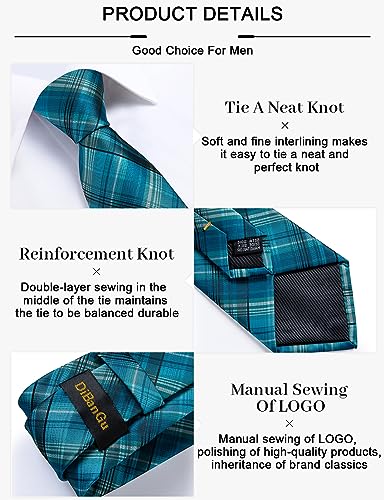 Image of DiBanGu Plaid Ties for Men Silk Checkered Necktie and Pocket Square Cufflinks Tie Clip Set with Gift Box for Wedding Business