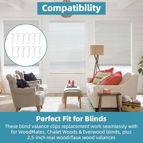 12 Pack 2.5 Inch Clear Valance Clips for Blinds & Window Shades, Blind Valance Clips Replacement for Hunter Douglas WoodMates and Chalet Woods, for Faux Wood & Metal Treatments - Thumbnail 3