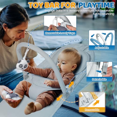 Orzbow Portable Baby Bouncer, Foldable Baby Bouncer Seat with Storage Bag and Removable Play Bar, 3 Recline Positions, 0-12 Months Up to 20lbs, Ergonomic Design, Easy to Wash, Gray