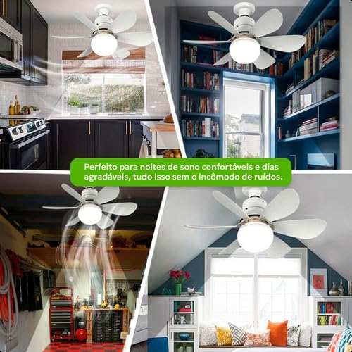 Lâmpada Ventilador De Teto, 3 Tom De Luzes, 6 Hélices, Controle Remoto, Bivolt, Silencioso Eficiente
