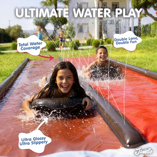 Image of JAMBO Premium 22Ft Water Slide and 2 Bodyboards, Extra Long Heavy Duty Slip Splash and Slide with Inflatable Bumpers, Pirate Splash Mat Water Sprinkler, Outdoor Water Toys, Summer n Toy, Splash Pad
