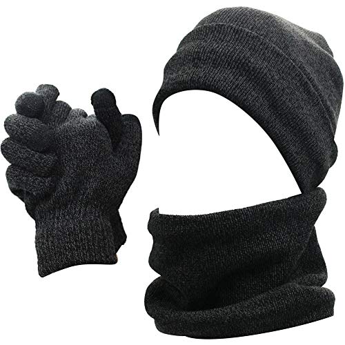 Mens Winter 3 Pieces Set Scarf Skull Beanie Hat Cap Touch Screen Gloves Mittens Dark Gray