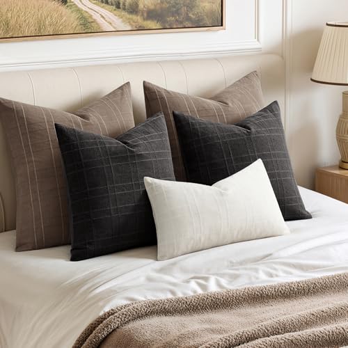Image of MIULEE Decorative Linen Check Throw Pillow Covers Neutral Farmhouse Vintage Pillow Covers 20x20 Set of 2 Boho Modern Winter Home Decor for Sofa Couch Bedroom Cushion Brown