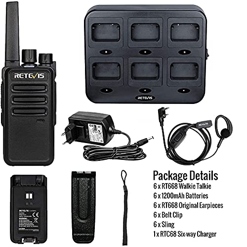 Retevis RT668 Walkie Talkie con Auriculares, PMR446 Radio Licencia Libre con Cargador de 6 Vías, Walkie Talkie Recargable Largo Alcance, Transceptor Portátil de Mano para Seguridad(Negro, 6Piezas)