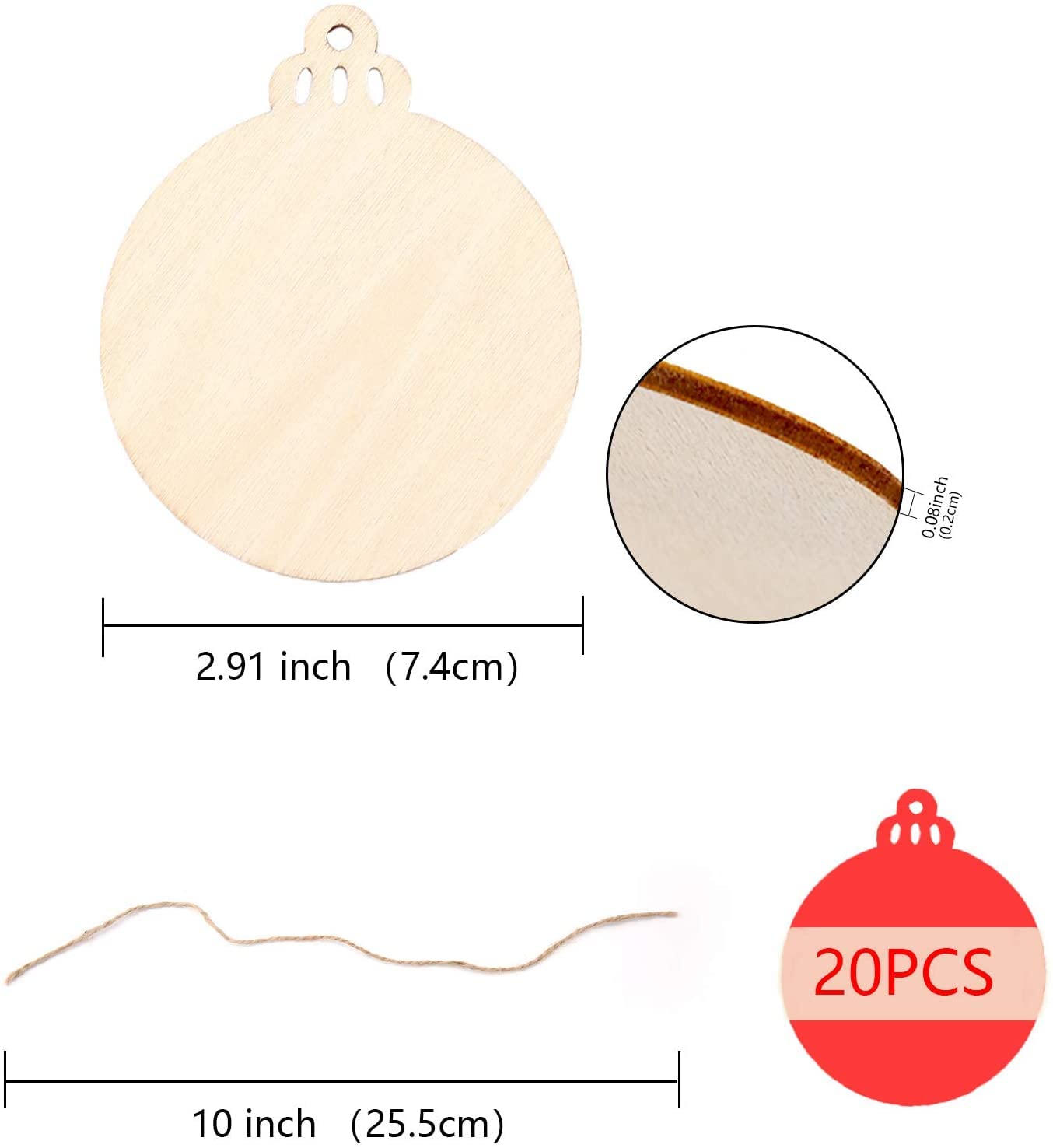 SAVITA 20Pcs Paintable Natural Ball Wood Slices, Round Wooden Discs Blank Pieces Christmas Hanging Ornaments with Twine Ropes for DIY Embellishments Crafts Christmas Ornaments Holiday Decorations