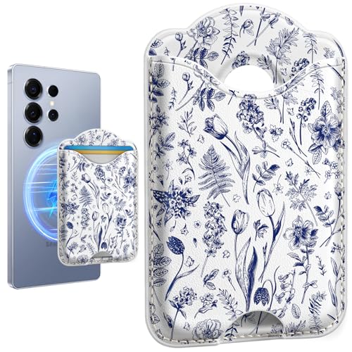 Shorogyt Compatible with Magsafe Wallet for Women, Blue Line Flower