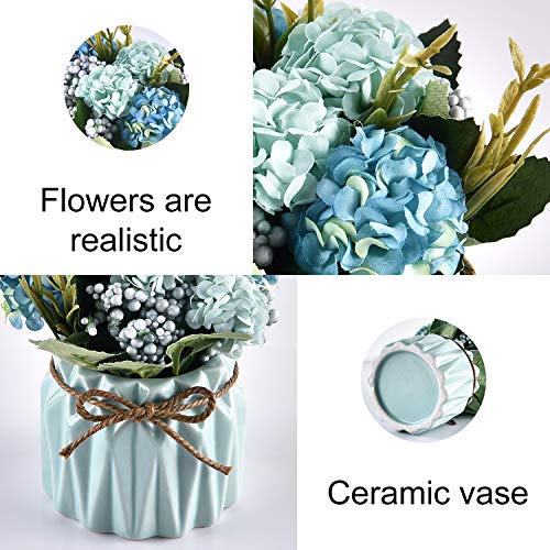 Sunm Boutique Artificial Hydrangea Bouquet With Small Ceramic Vase, Artificial Hydrangea Flower Potted Fake Variety Silk Flower Bonsai For Table Party Office Wedding Home Decor thumb #4
