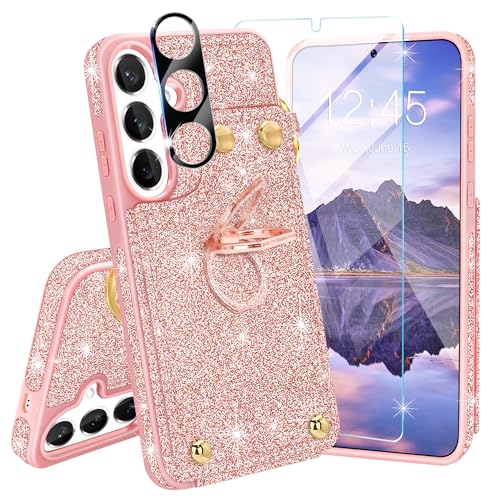 Fingic Samsung Galaxy S24 Case Wallet[1*Screen Protector+1*Camera Protector][360°Ring Holder][with 5 Card Holder]Glitter Sparkle Kickstand RFID Blocking Protective Case forSamsung Galaxy S24,Rose Gold