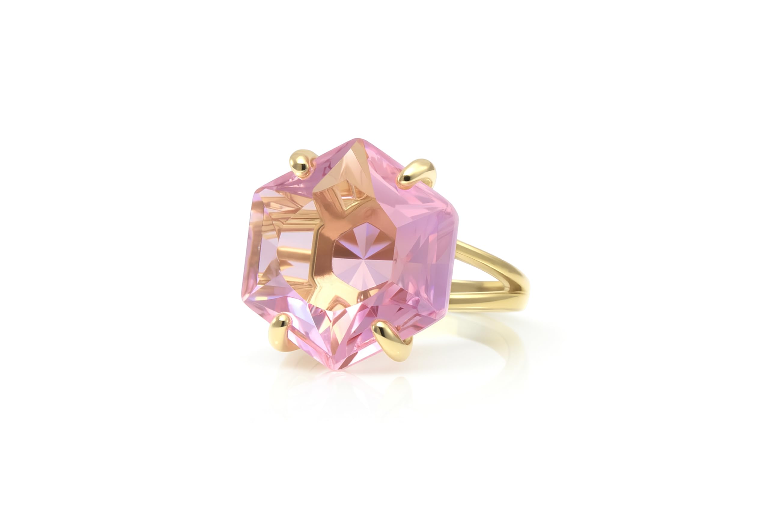 Anillo Hexagonal de Cuarzo Rosa - Anillo de Oro Amarillo Macizo - Joyería con Piedras Preciosas para el Amor Propio para Mujeres