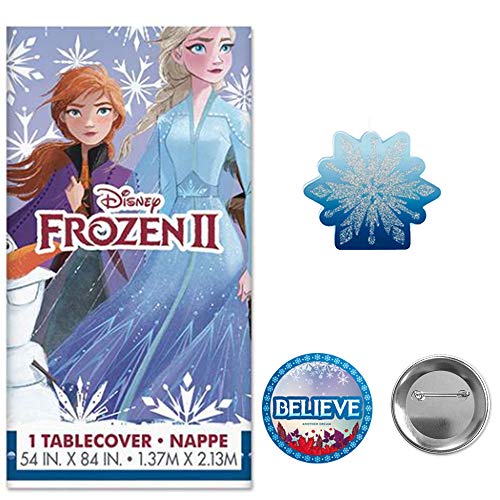 Mega Frozen 2 Birthday Party Supplies and Decoration Pack For 16 With Dinner and Dessert Plates, Napkins, Tablecover, Candle, Pennant Banner, Swirls, Table Decoration, and Frozen Inspired Pin