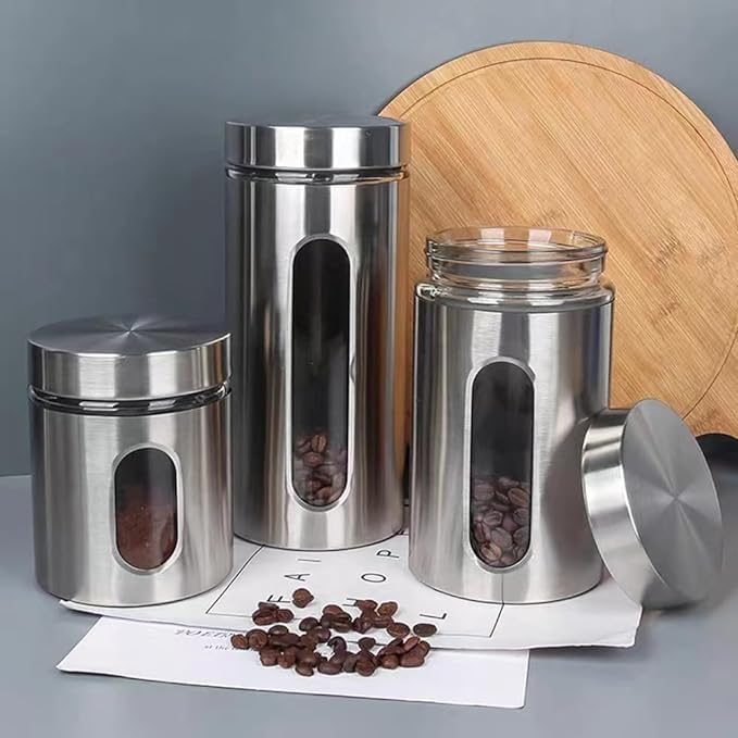 Image of Steel Glass Food Storage Airtight Tea Coffee Sugar Containers 850Ml,550Ml,350Ml For Kitchen Storage Container With Lid For Tea Coffee & Sugar,Dry Fruit Jars,Storage Box,Set Of 3 (3,Mt-4),Silver