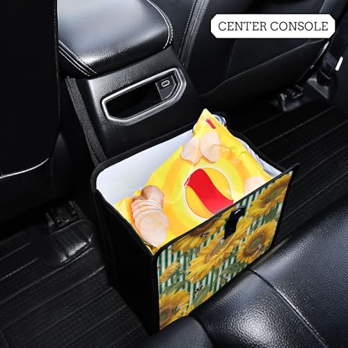 Image of Car Trash Can Organizer Bin with Adjustable Strap for Back Front Seat Console Waterproof Leakproof Collapsible Portable 8.66 Inch Green Striped Sunflowers and Honey Bees