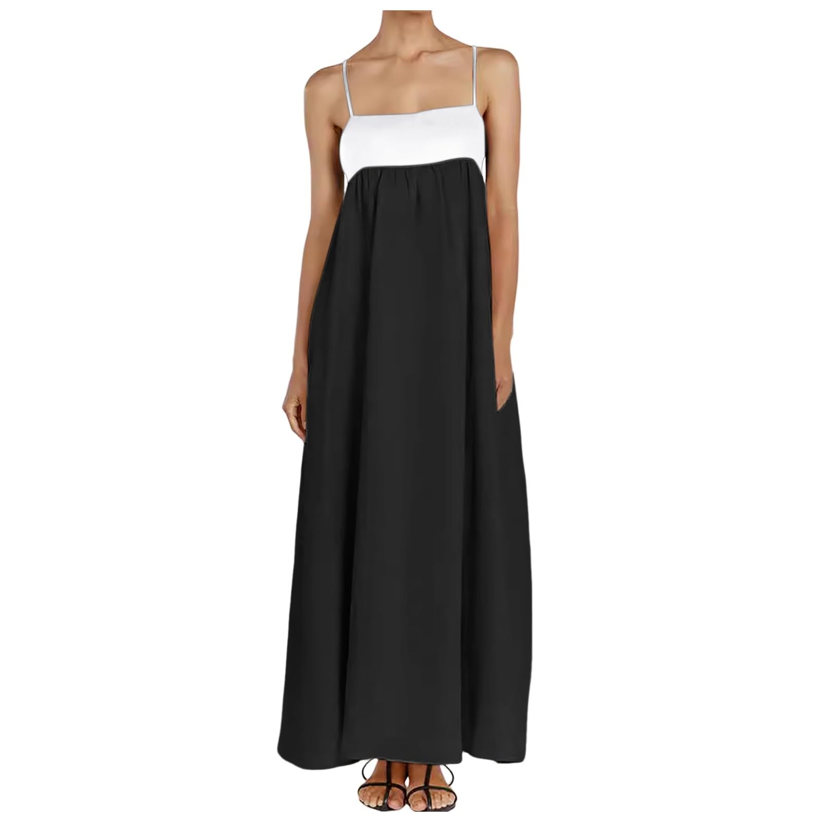 Generic 2024 - Vestido largo para mujer con tirantes delgados y ribete en contraste, trajes de verano, viajes, vacaciones, sin mangas, vestido largo de algodón