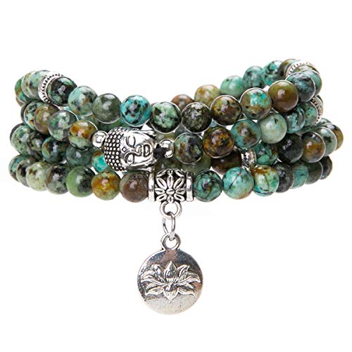 Bivei 108 Mala Beads Necklace Long Beaded Wrap Bracelets Genuine Gemstone Mala Prayer Beads Lotus Buddha Charm Yoga Meditation Necklace