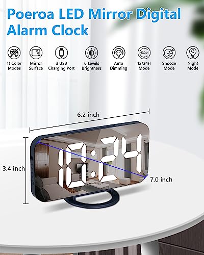 Digital Alarm Clock, Large Mirrored Led Display, With 2 Usb Charger Ports,Auto Dim,Snooze Function, 7 Inch Modern Desk Electronic Clocks For Bedroom Office Home Living Room - Blue #TOP1