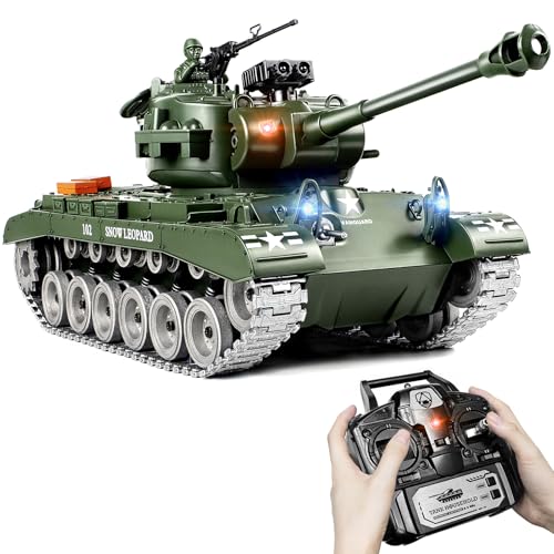 Tanque RC 1:18 M26 Verde, Tanque Teledirigido Orugas Metálicas y Suspensión Independiente, Juguete Militar RC con Disparo de BBs y Agua, Humo Realista, Luces, Sonido y Retroceso, para Niños y Adultos