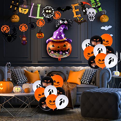 Conjunto de 64 Decoraciones de Fiesta Halloween - Bandera de Papel de Pancarta Halloween feliz - 12 pulgadas Globos en Negro, Naranja y Blanco - Remolinos Colgantes, Globo de Araña de Calabaza Cover