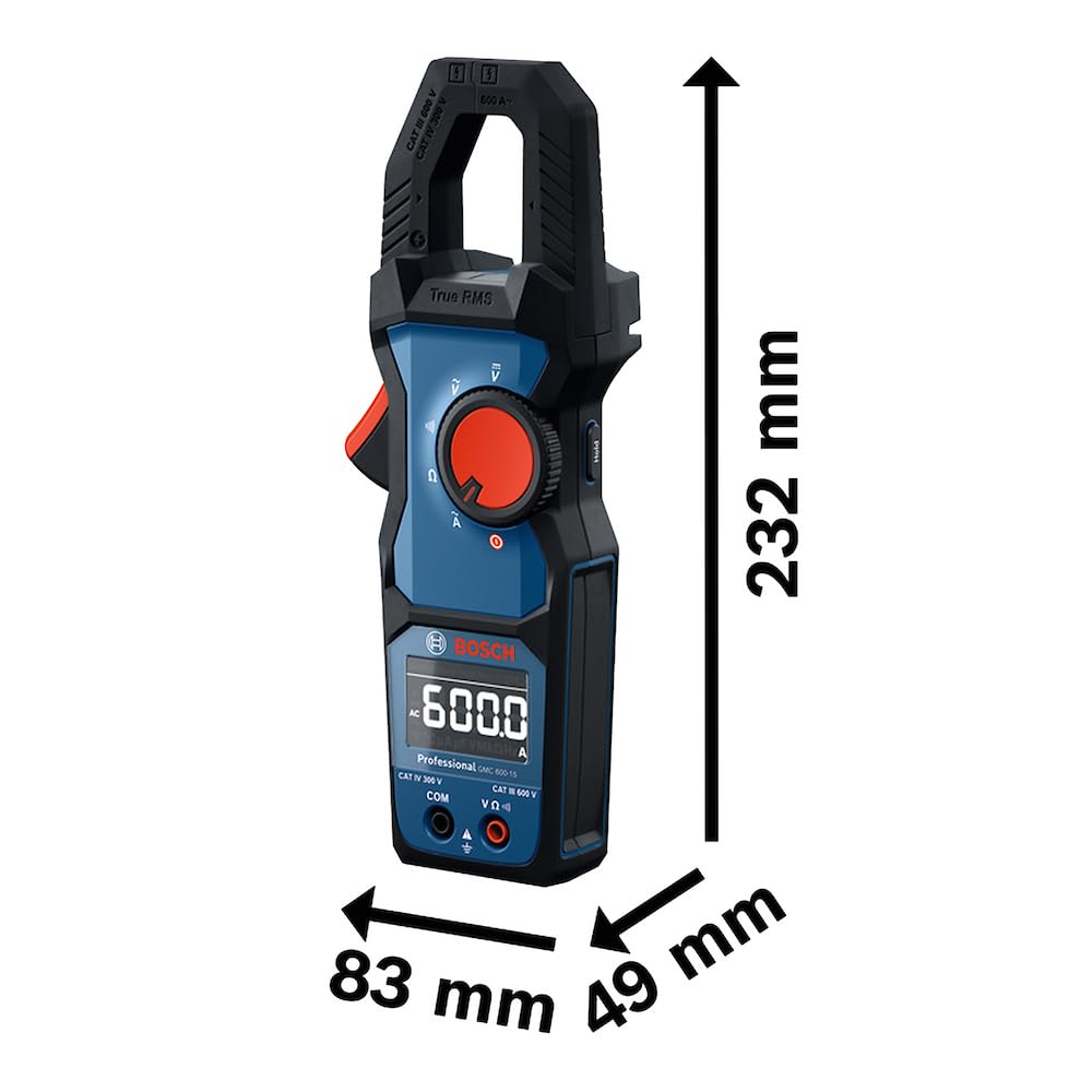 Tester elettrico Bosch Professional GMC 600-15 (Pinza amperometrica True RMS, corrente alternata fino a 600 A, tensione fino a 600 V AC/DC, 2 x 1,5 V LR06 (AA), puntali di misurazione MS 90, custodia)
