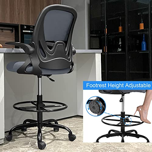 Image of Primy Drafting Chair Tall Office Chair with Flip-up Armrests Executive Ergonomic Computer Standing Desk Chair with Lumbar Support and Adjustable Footrest Ring（Dark Gray）