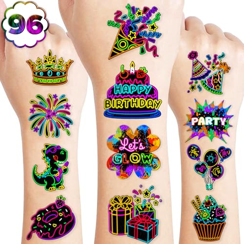 96 PCS Neon Let Glow In The Dark Pre-Cut Temporary Tattoos for Kids | Super Cute Themed Birthday Party Favors, Supplies, Decorations, Fake Tattoo Stickers, School Rewards Prizes & Gifts Boys & Girls